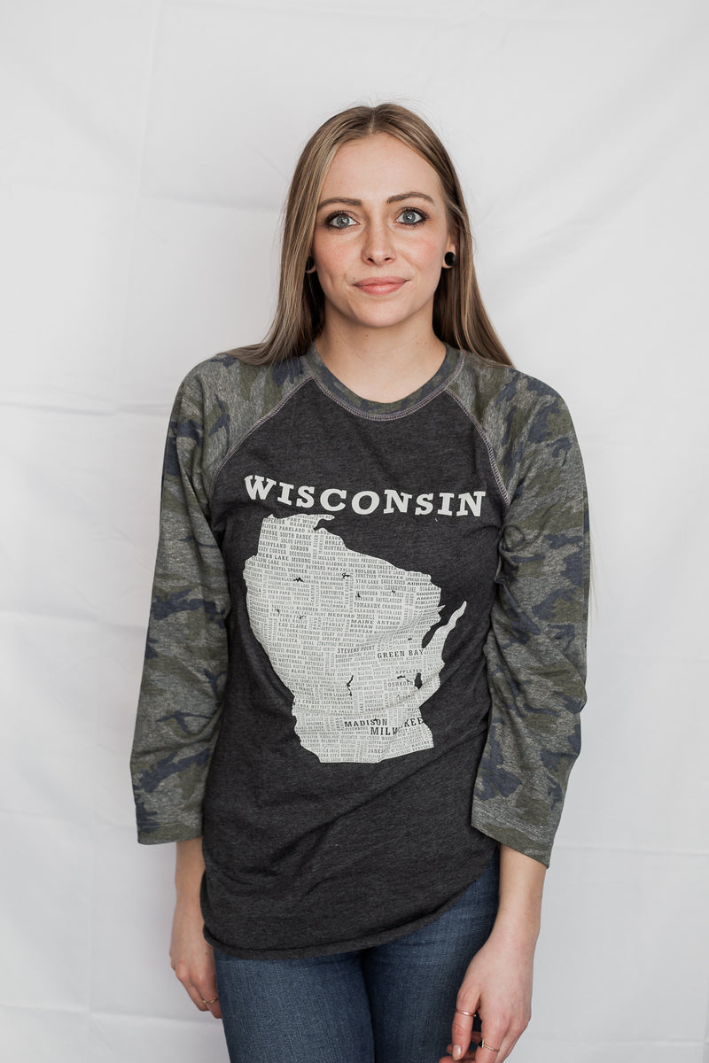 Hometown Wisconsin Camo Baseball T-Shirt (Attribute: Youth Medium)